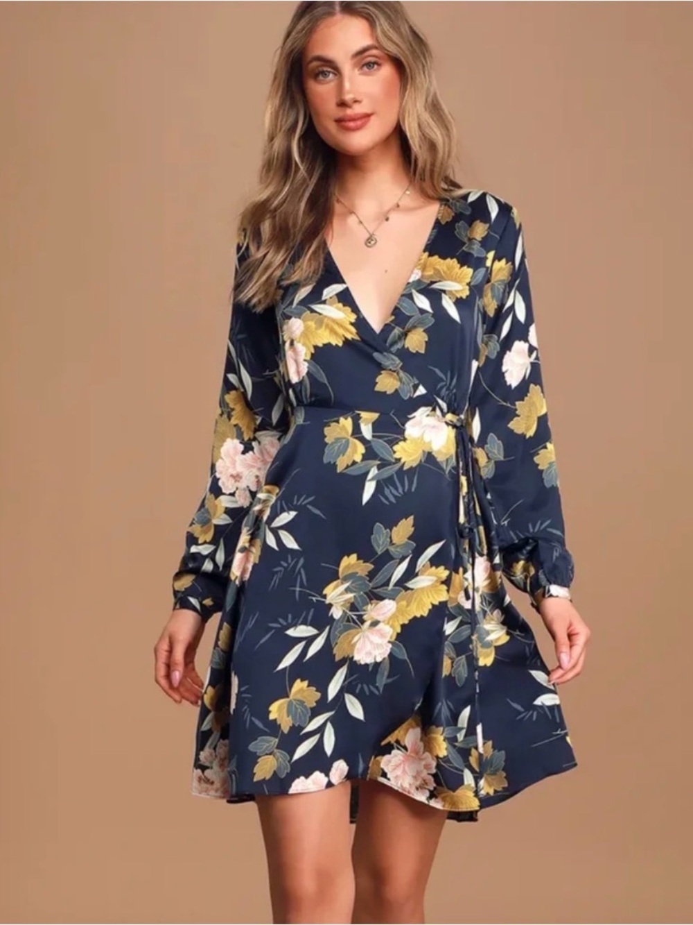 Lulu's Navy Floral Wrap Dress with Pink & Mustard Blooms